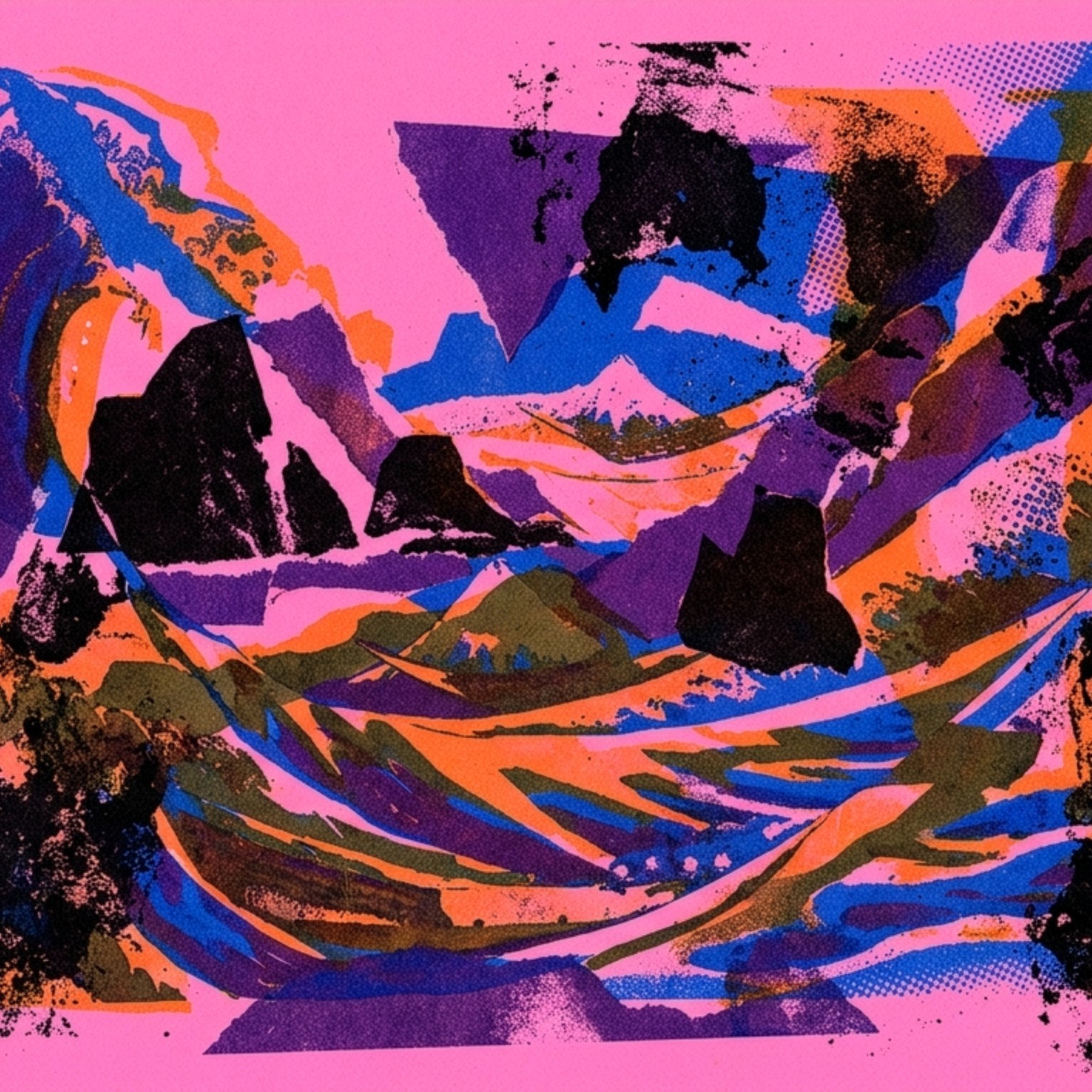 Abstract landscape in pink, cobalt, orange and purple, with torn collage textures.