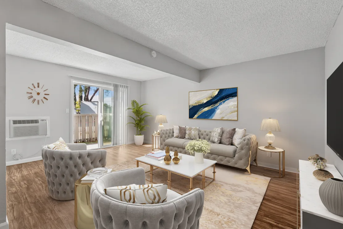Living area with sofa, coffee table, and tv