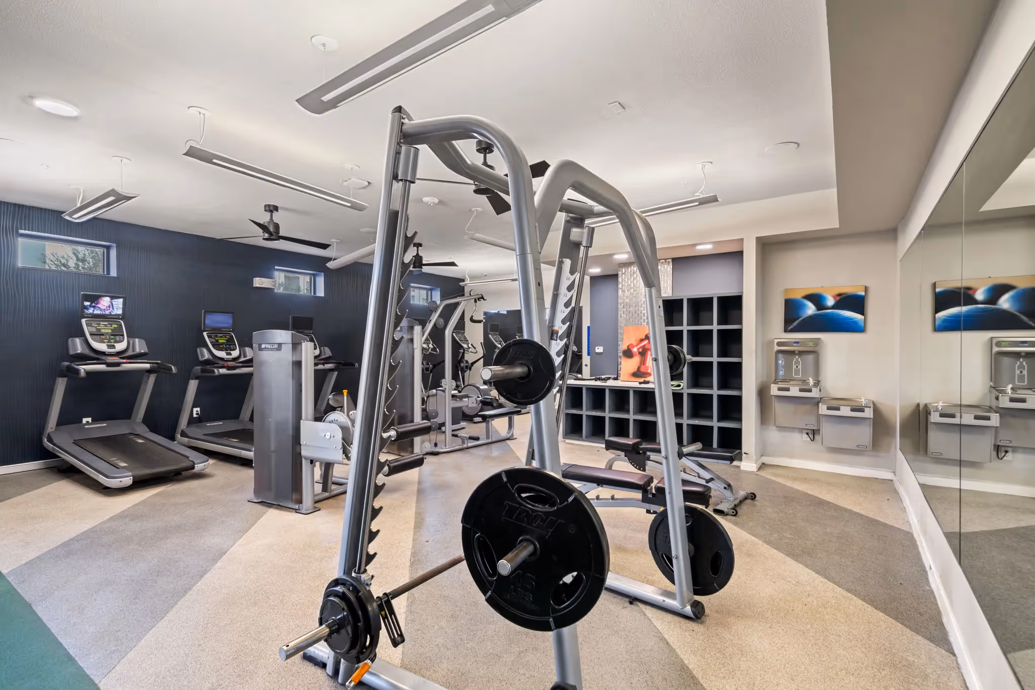 State-of-the-art fitness center with a variety of cardio machines, strength training equipment, and free weights at Altitude in Houston, TX.