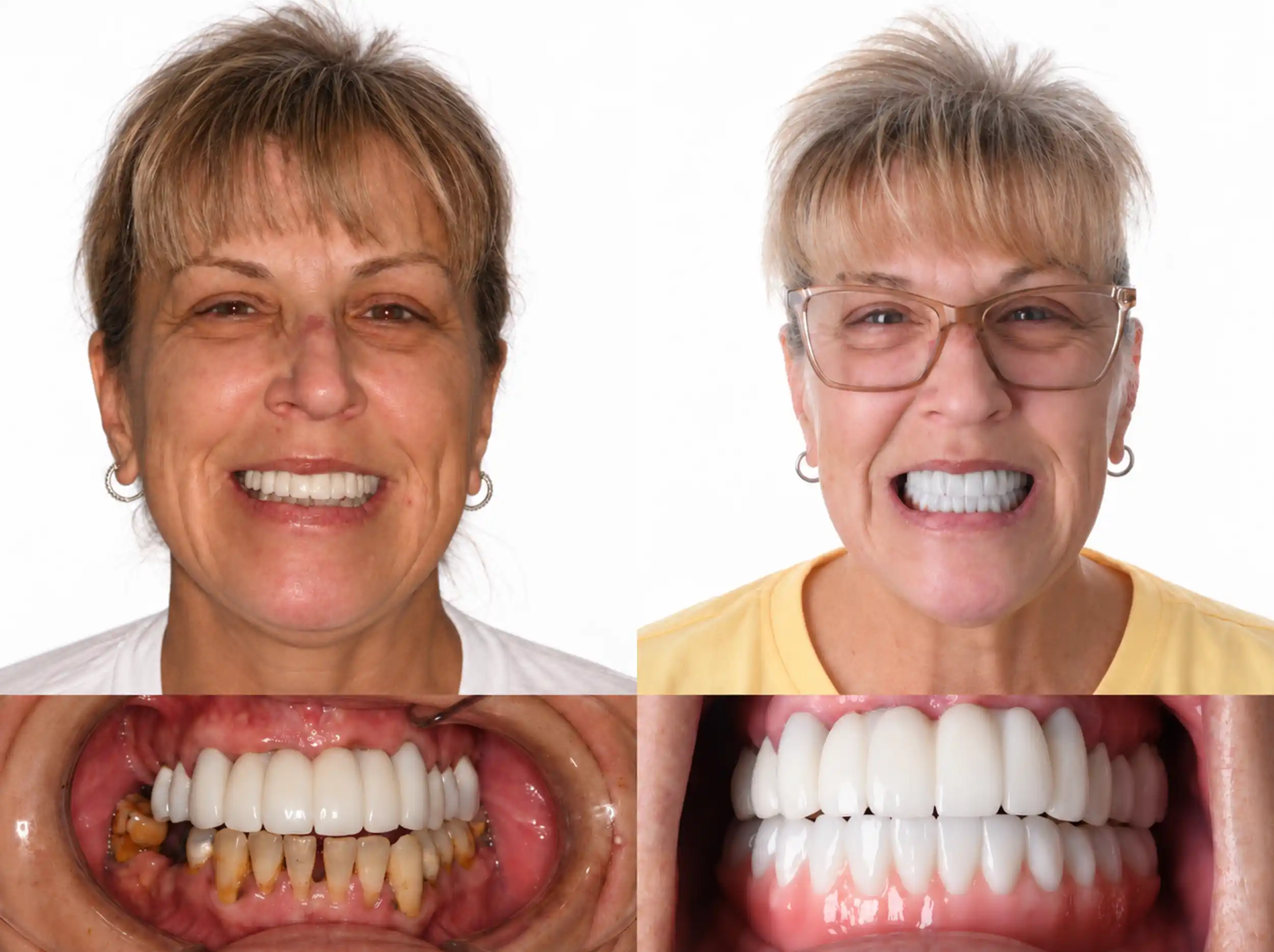 Before and after smile restoration of a woman with short hair and glasses: worn, discolored lower teeth before, a full, even white smile after
