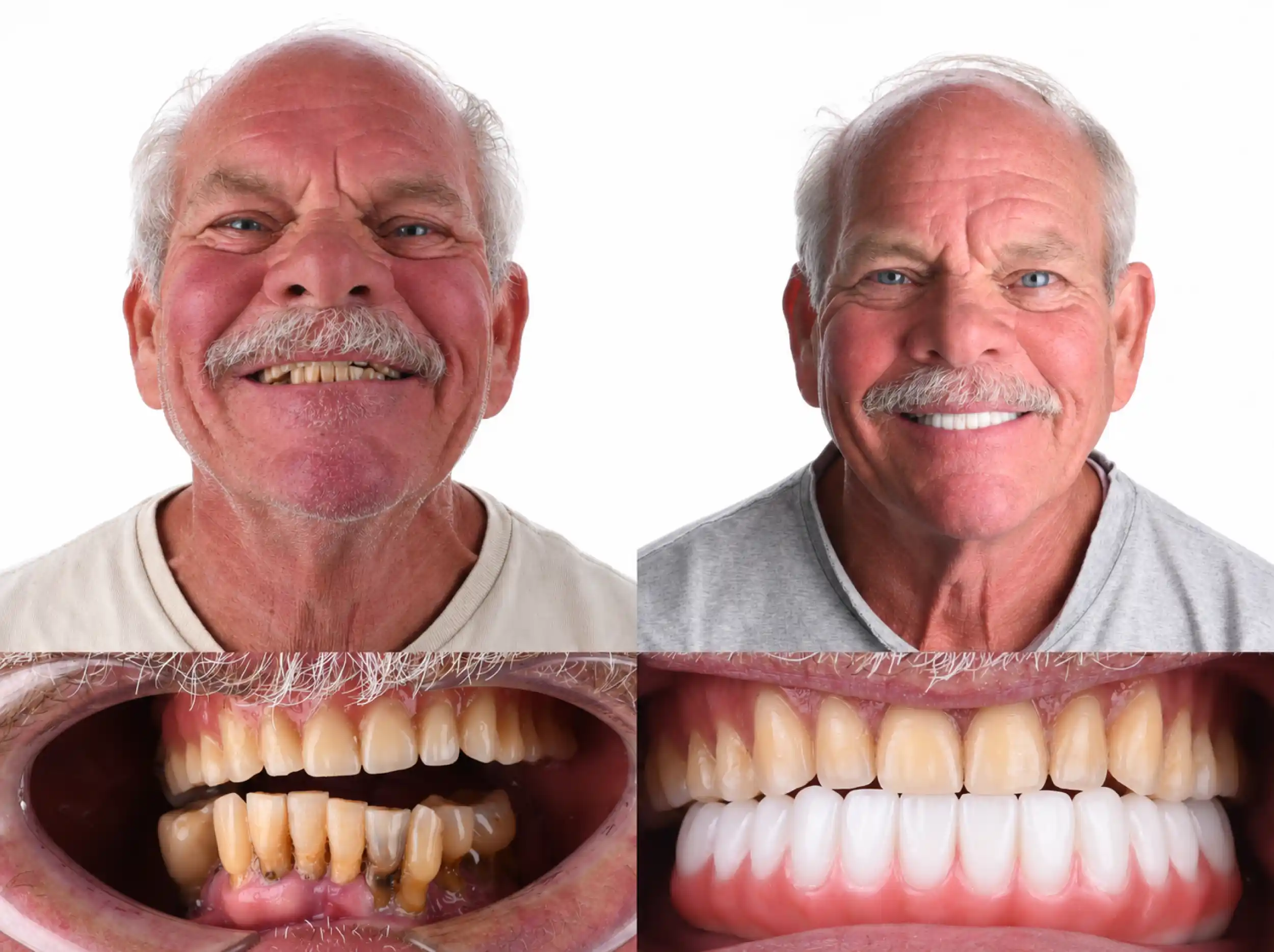 Before and after smile restoration of an older man with a mustache: worn, yellowed teeth before, a full, natural-looking white smile after