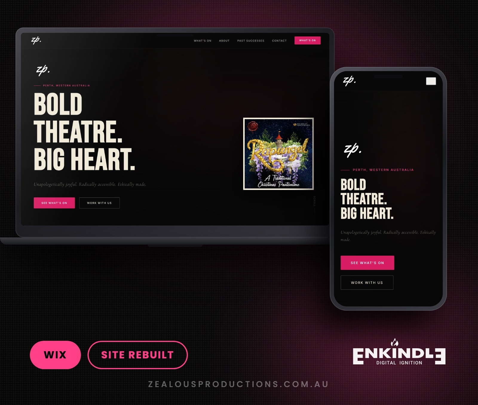 Zealous Productions website rebuilt by Enkindle Group, shown on desktop and mobile