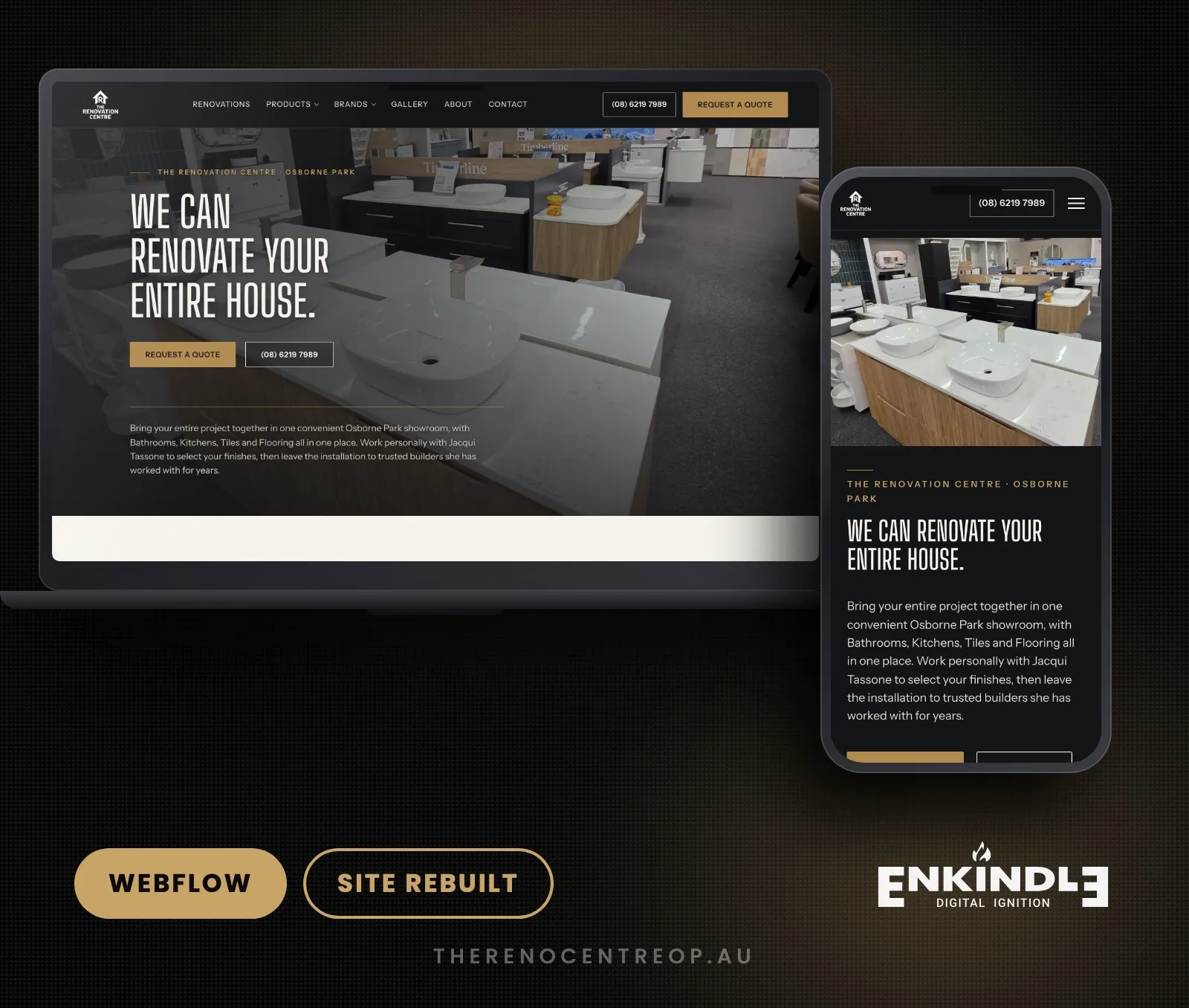 The Renovation Centre Webflow website rebuilt by Enkindle Group, shown on desktop and mobile