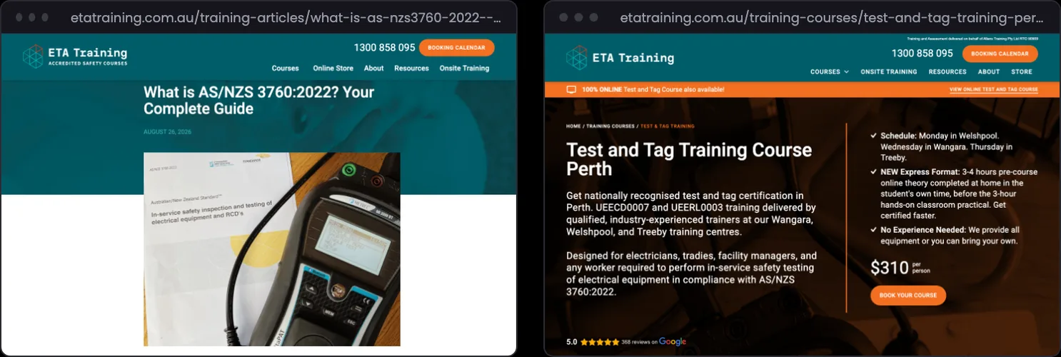 The ETA Training AS/NZS 3760:2022 guide and the Perth test and tag course page on etatraining.com.au, captured 30/09/2026