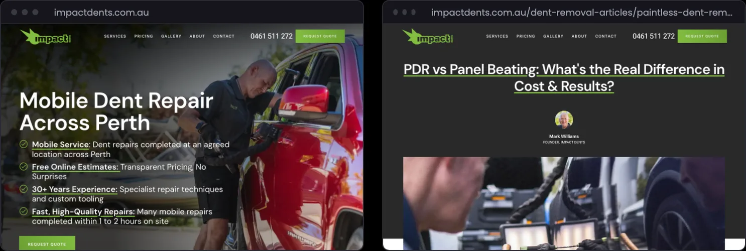 The Impact Dents homepage and the PDR vs panel beating article on impactdents.com.au, captured 30/09/2026