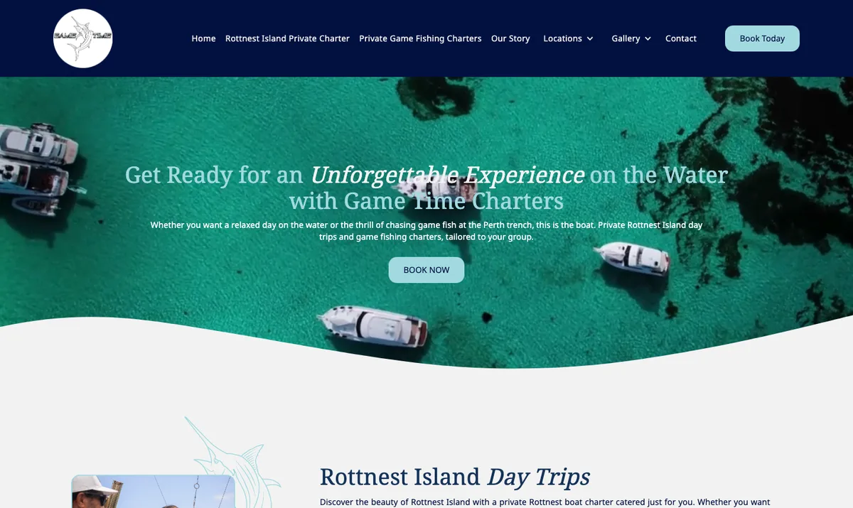 Game Time Charters website homepage, built by Enkindle Group on Webflow