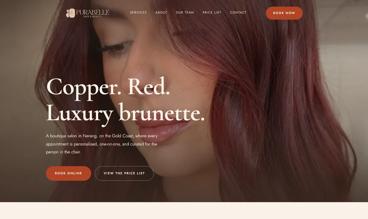 Purabelle Hair and Beauty website homepage, built by Enkindle Group on Webflow