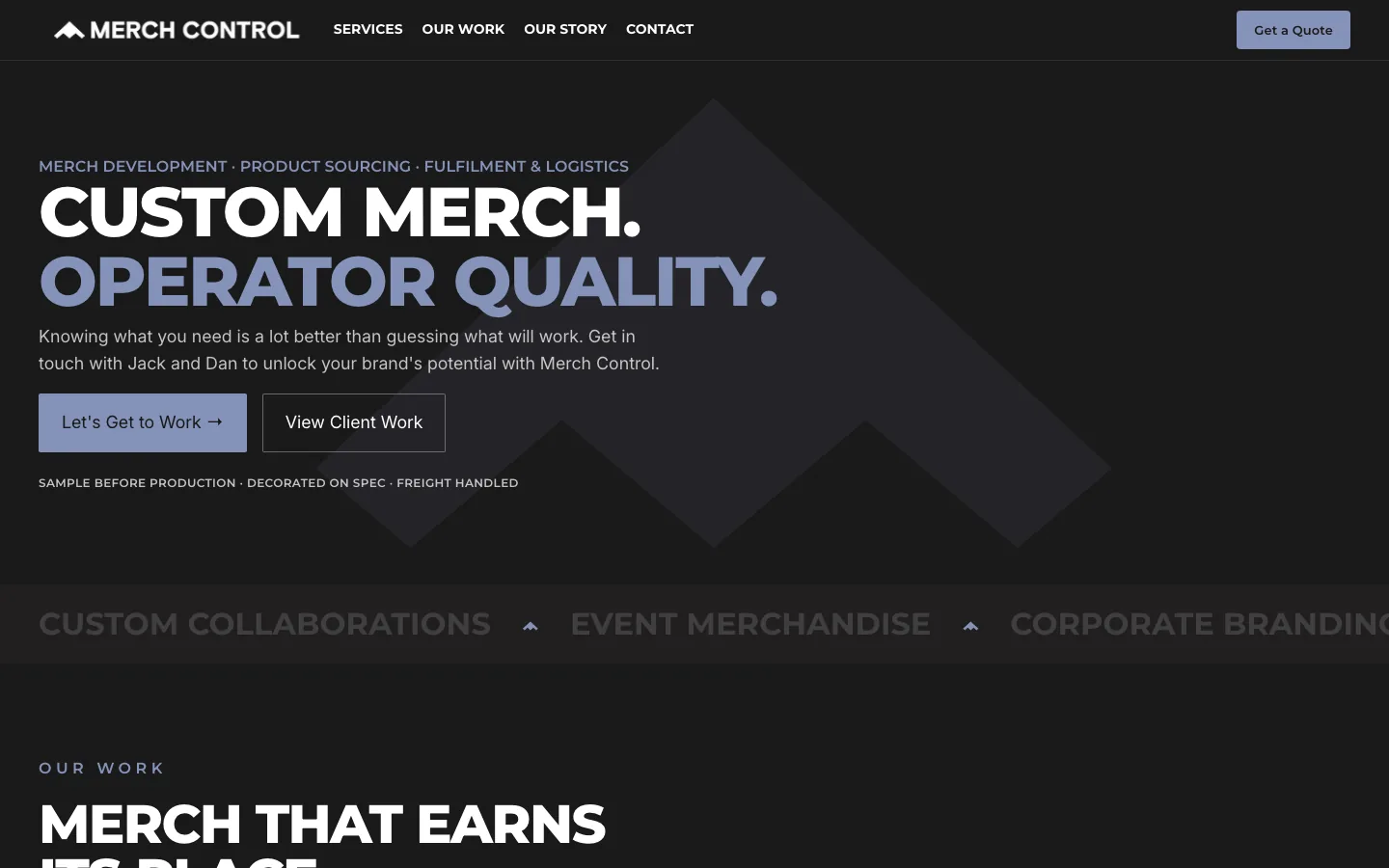 The Merch Control homepage we designed and built
