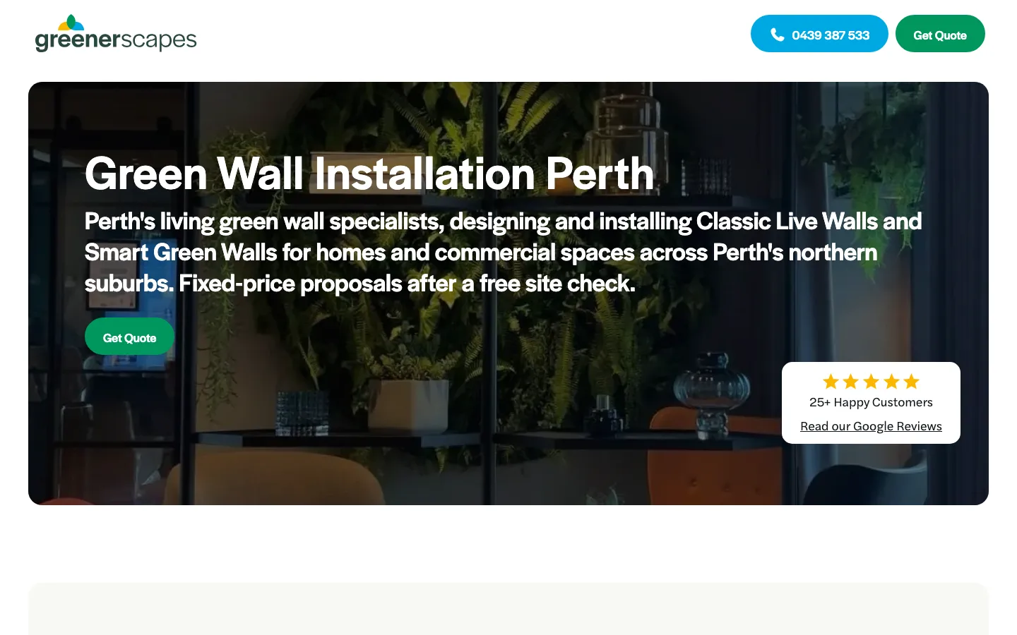 The green wall installation page on greenerscapes.com.au, captured 08/10/2026