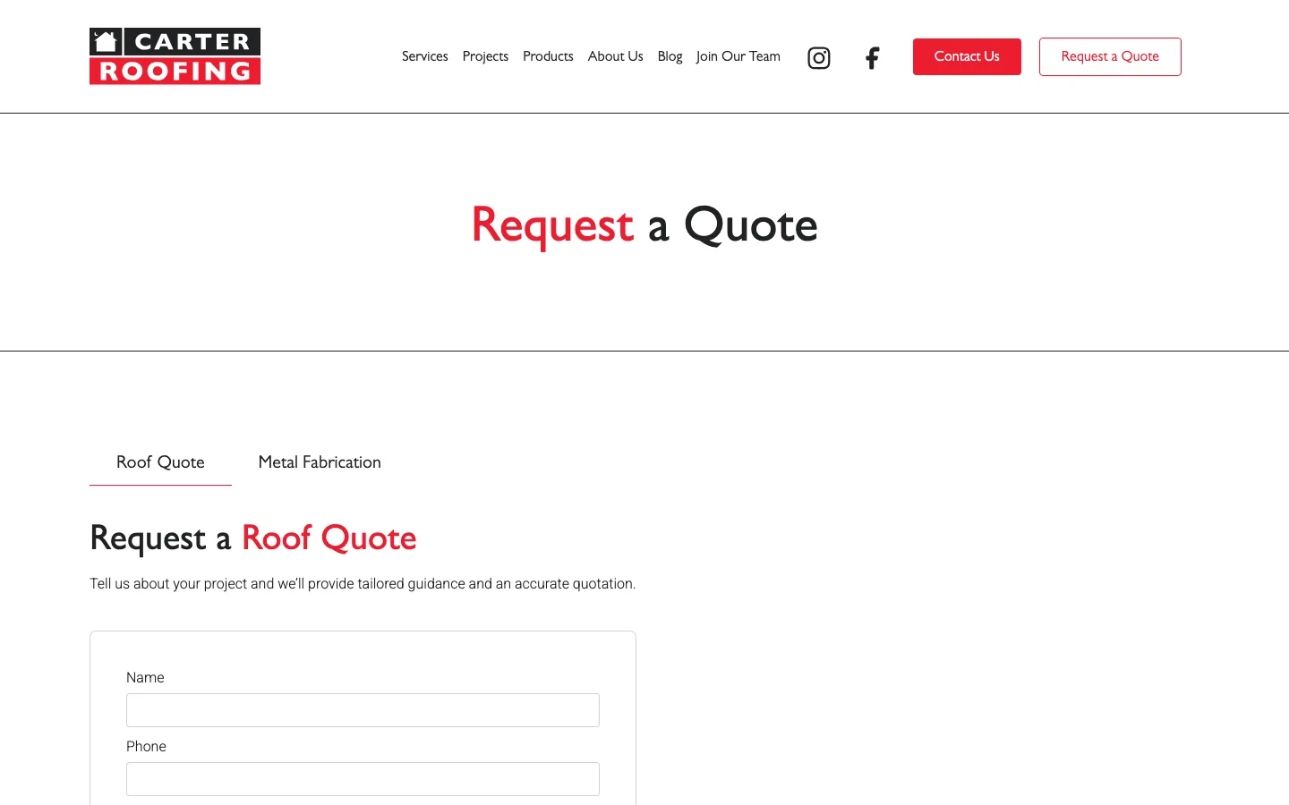 The Carter Roofing request a quote page, captured 08/10/2026