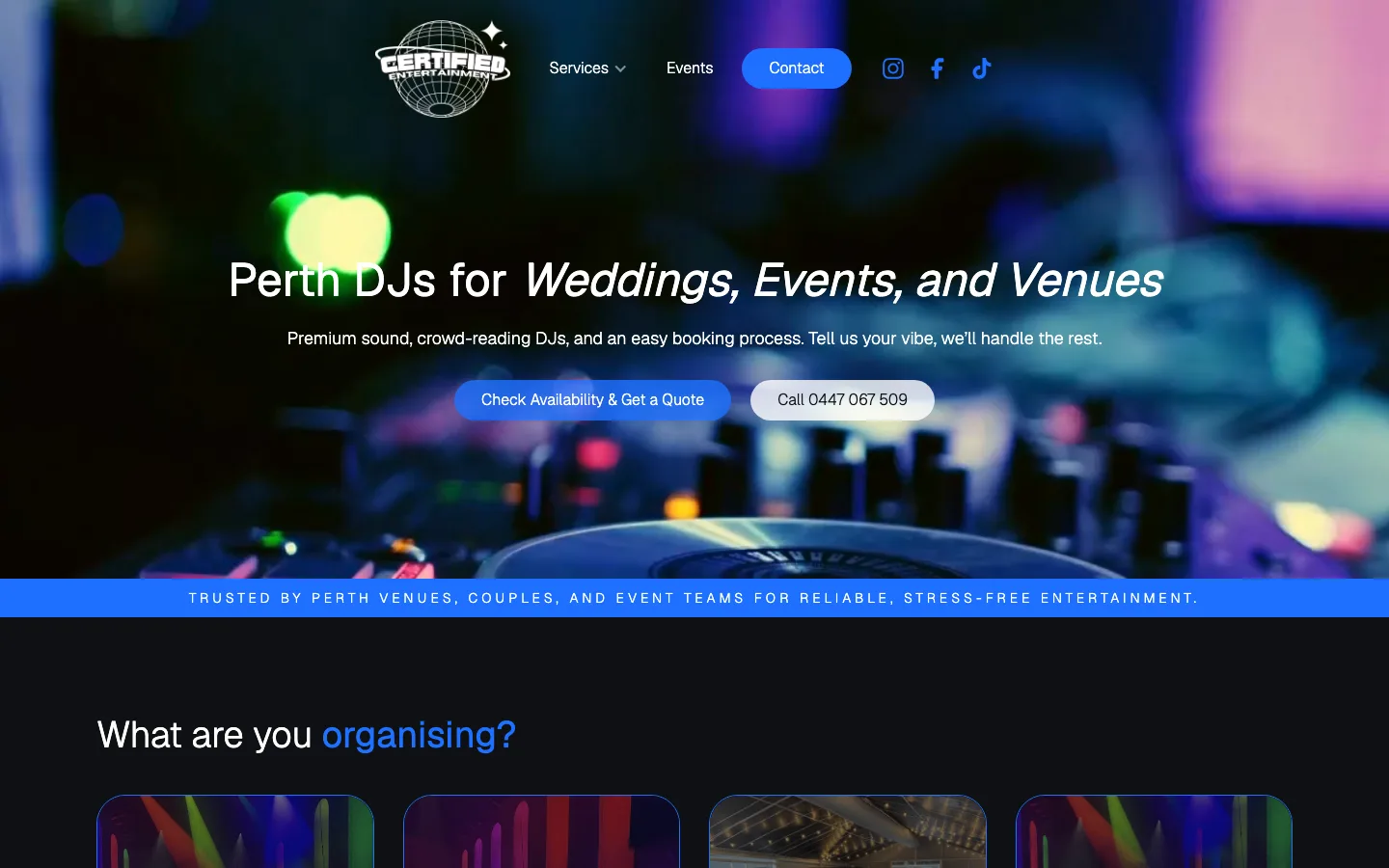 The Certified Entertainment homepage we designed and built