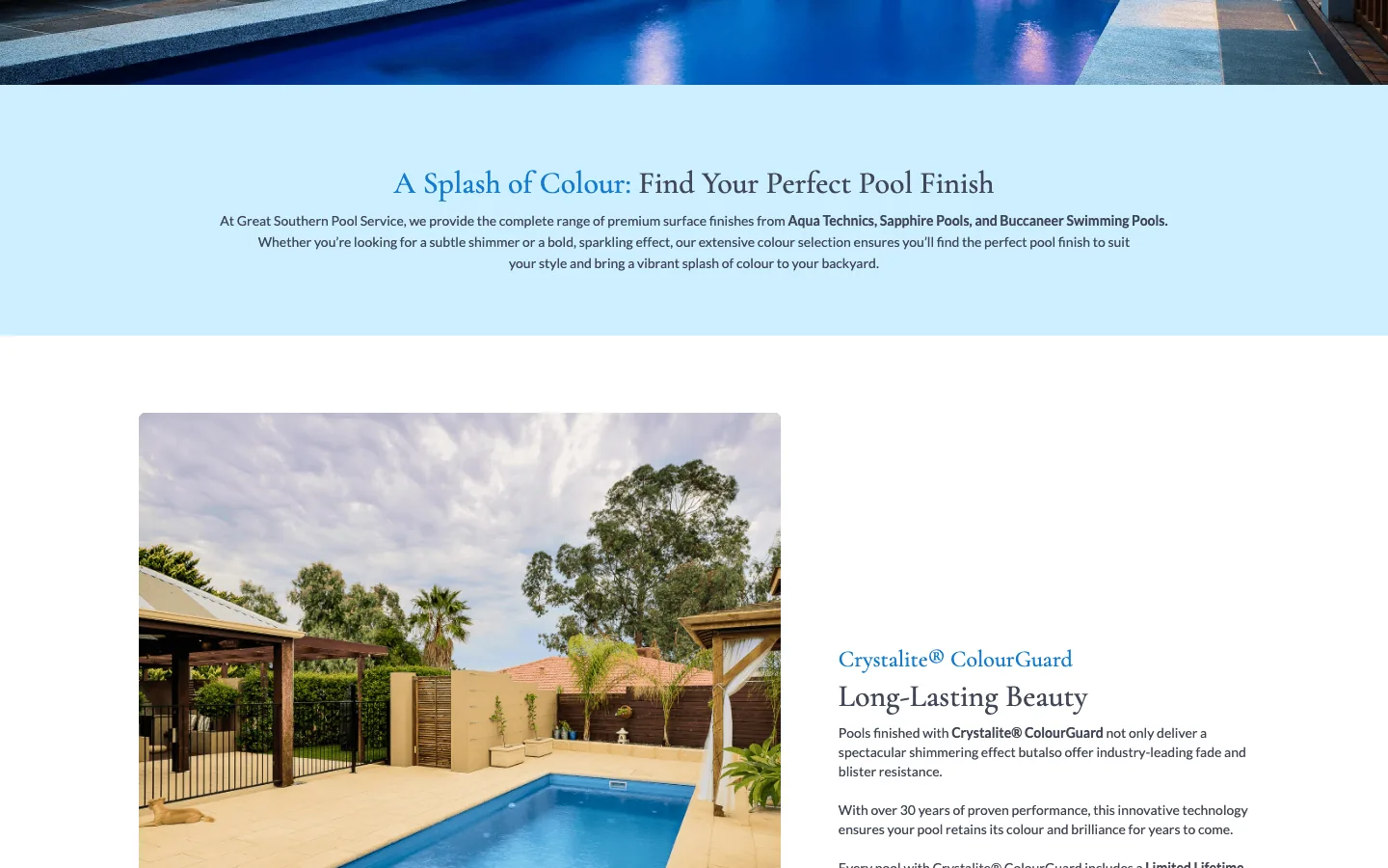 The pool colours page on gspoolservice.com.au, captured 08/10/2026