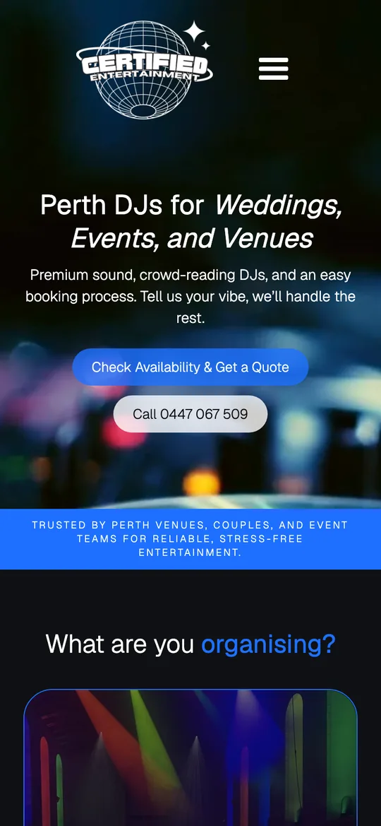 The Certified Entertainment homepage on a phone