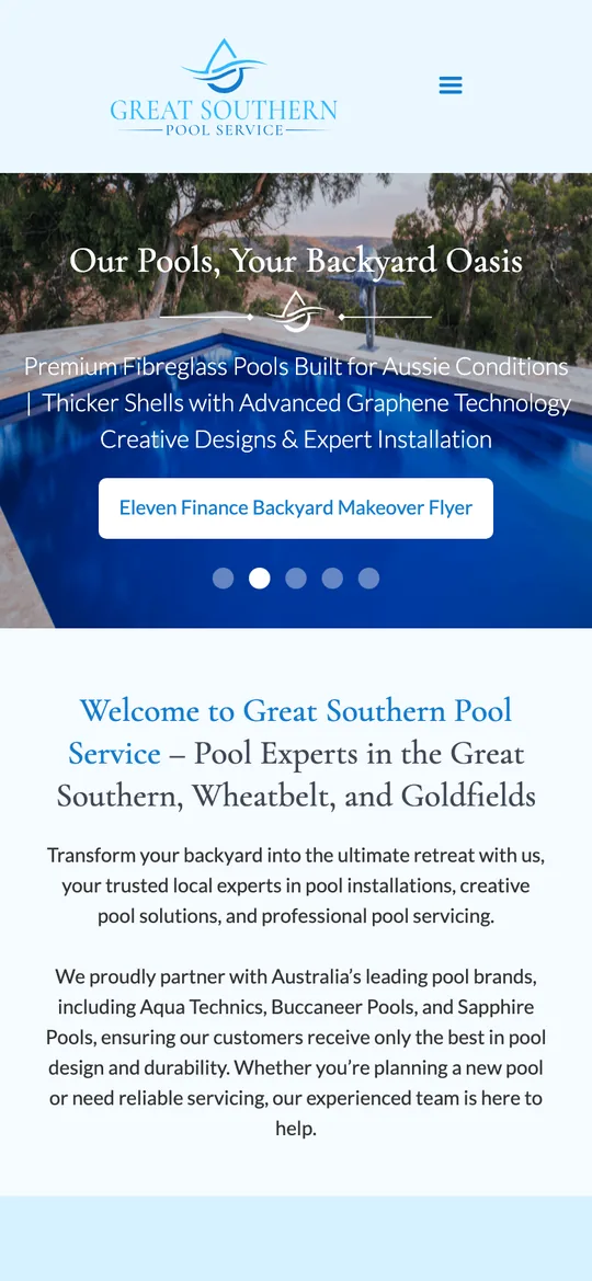 The Great Southern Pool Service homepage on a phone