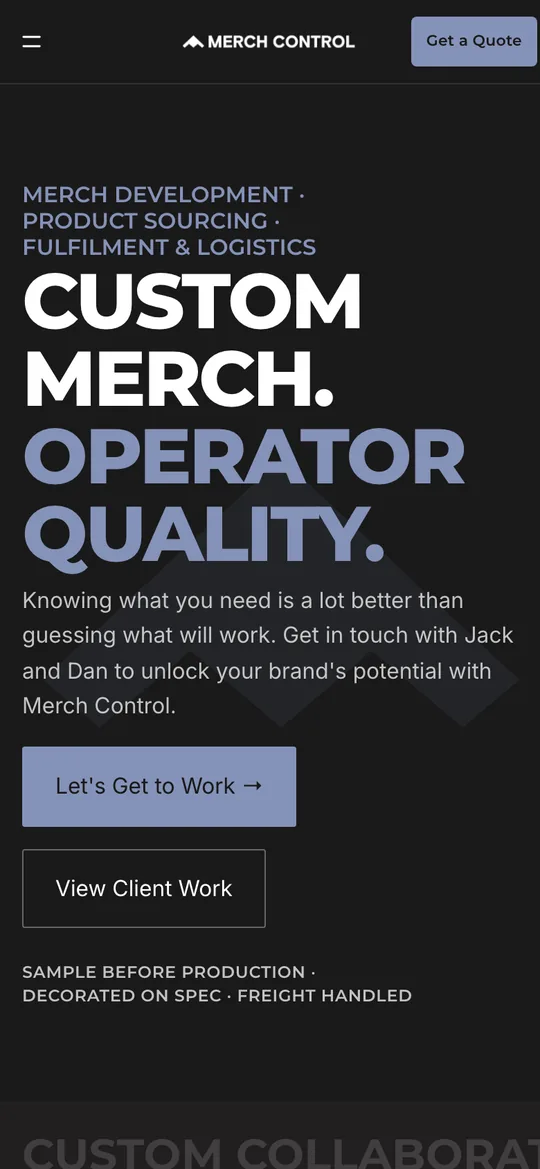 The Merch Control homepage on a phone