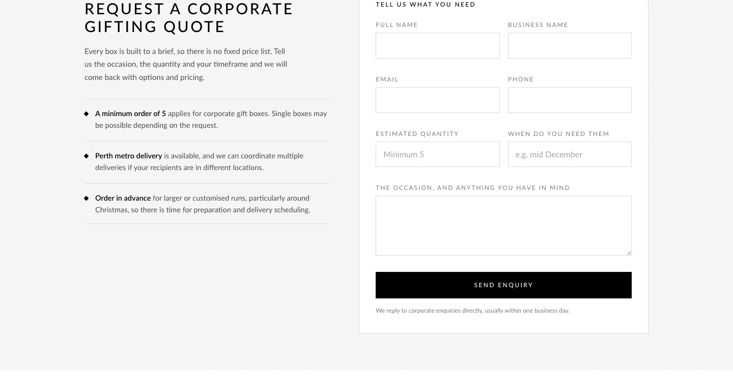 The corporate enquiry form on nomatterwhat.com.au, captured 08/10/2026