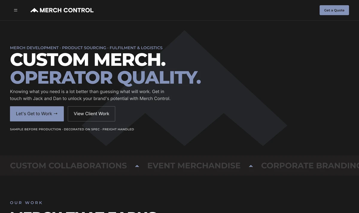 Merch Control website homepage, built by Enkindle Group on Shopify