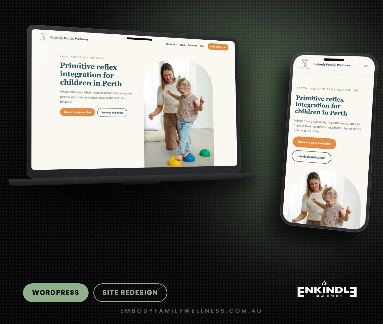 Embody Family Wellness WordPress website redesigned by Enkindle Group, shown on desktop and mobile