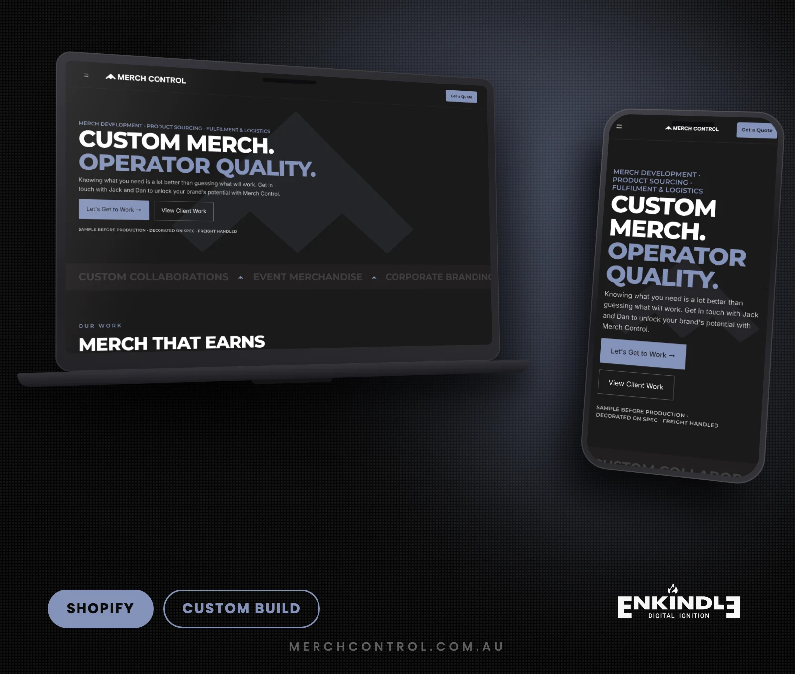 Merch Control Shopify website designed and built by Enkindle Group, shown on desktop and mobile