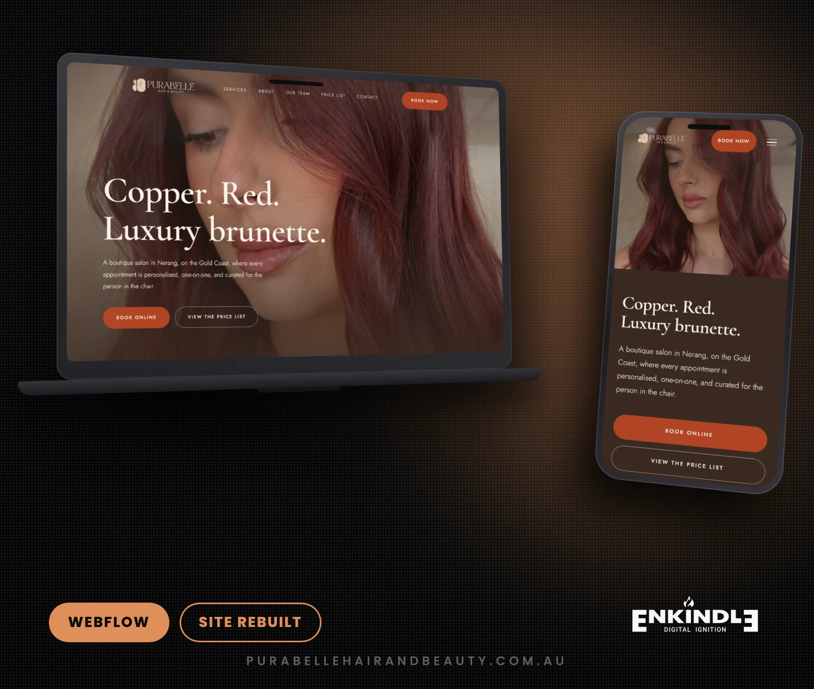 Purabelle Hair and Beauty Webflow website rebuilt by Enkindle Group, shown on desktop and mobile