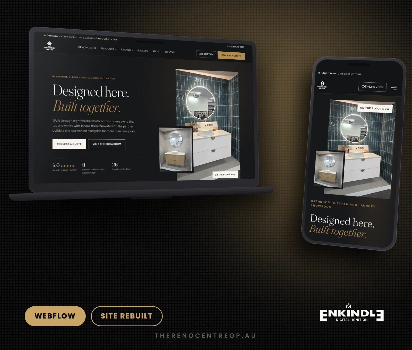 The Renovation Centre Webflow website rebuilt by Enkindle Group, shown on desktop and mobile