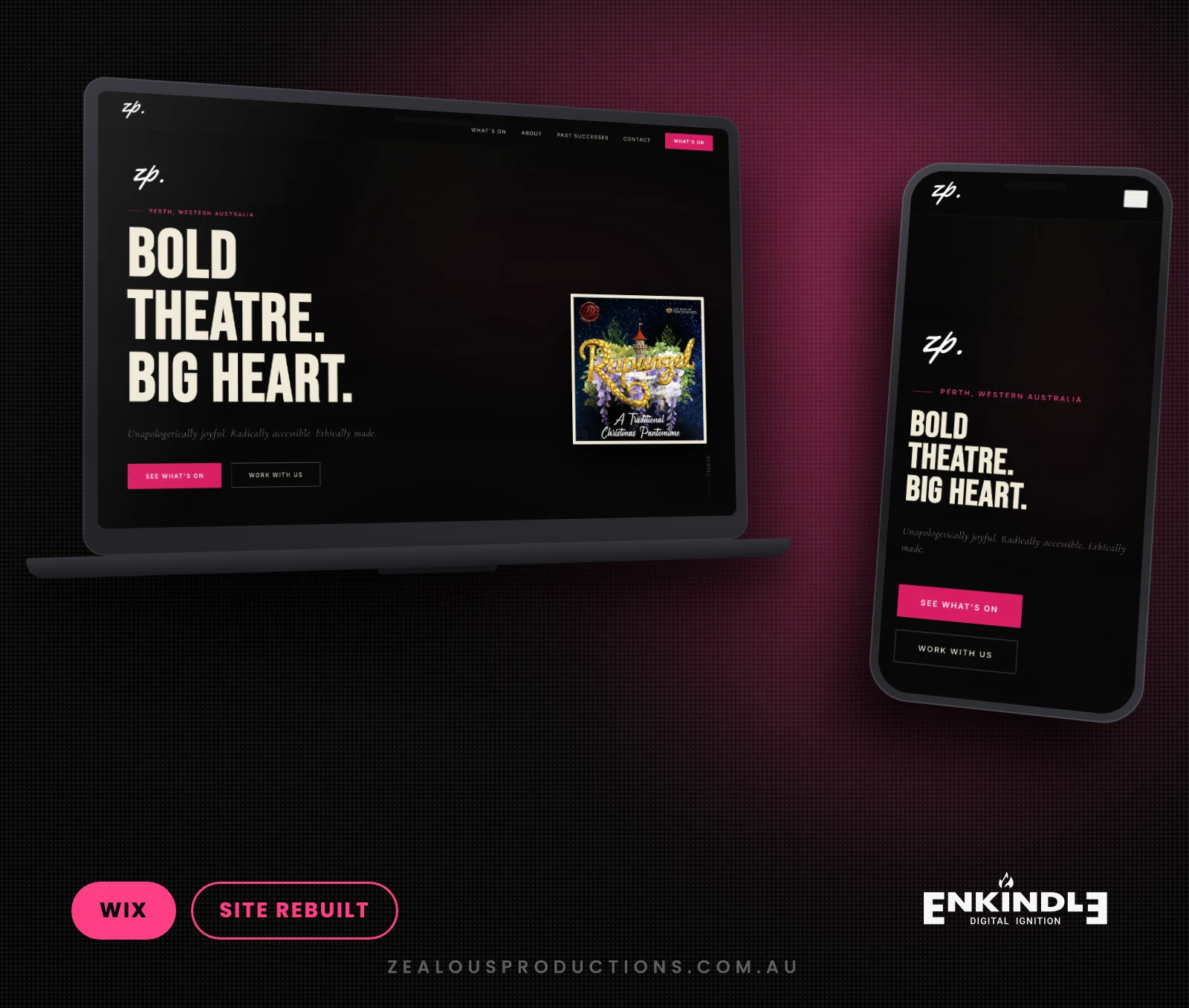 Zealous Productions website rebuilt by Enkindle Group, shown on desktop and mobile