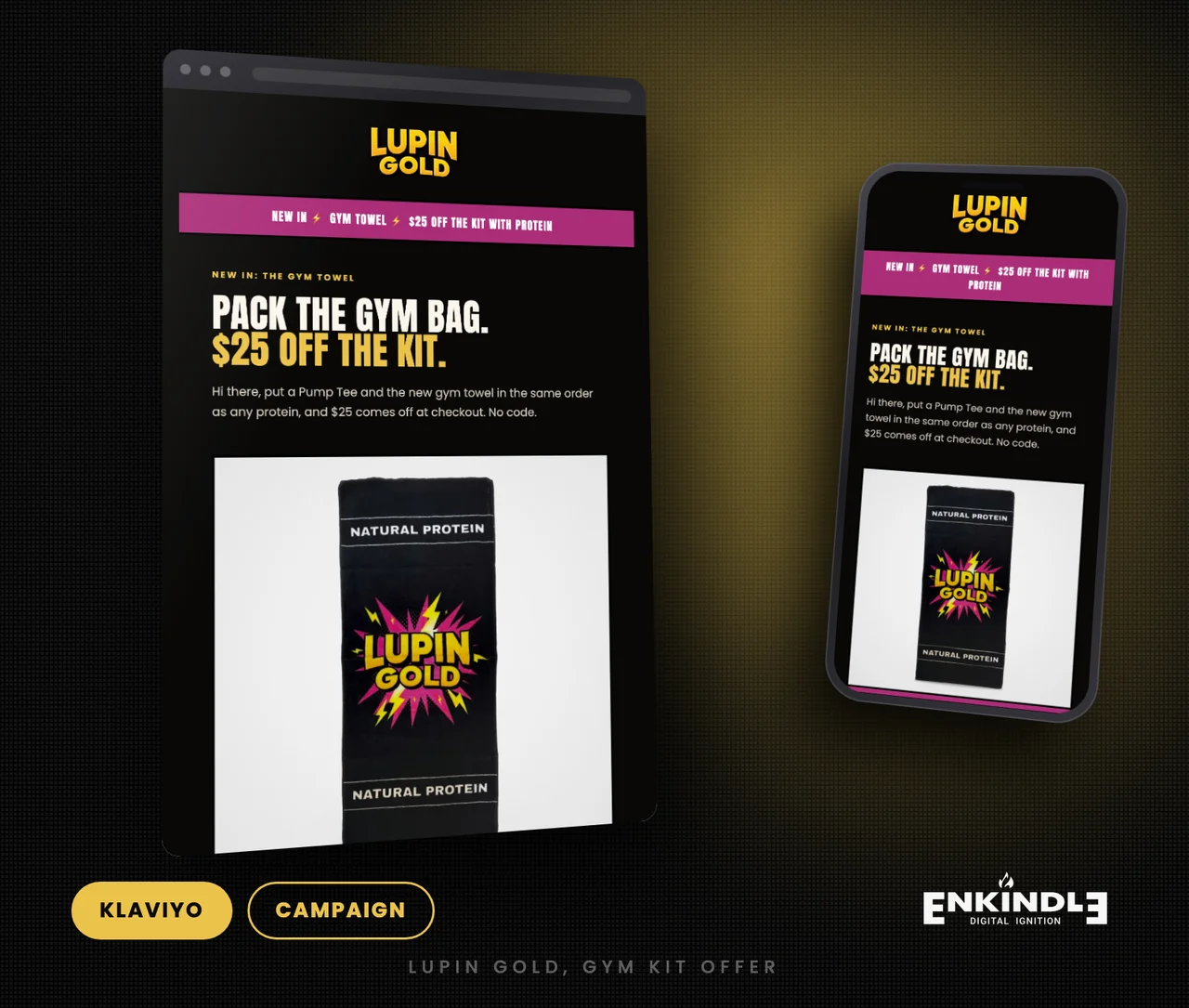 Lupin Gold gym kit offer campaign email designed and built in Klaviyo by Enkindle Group