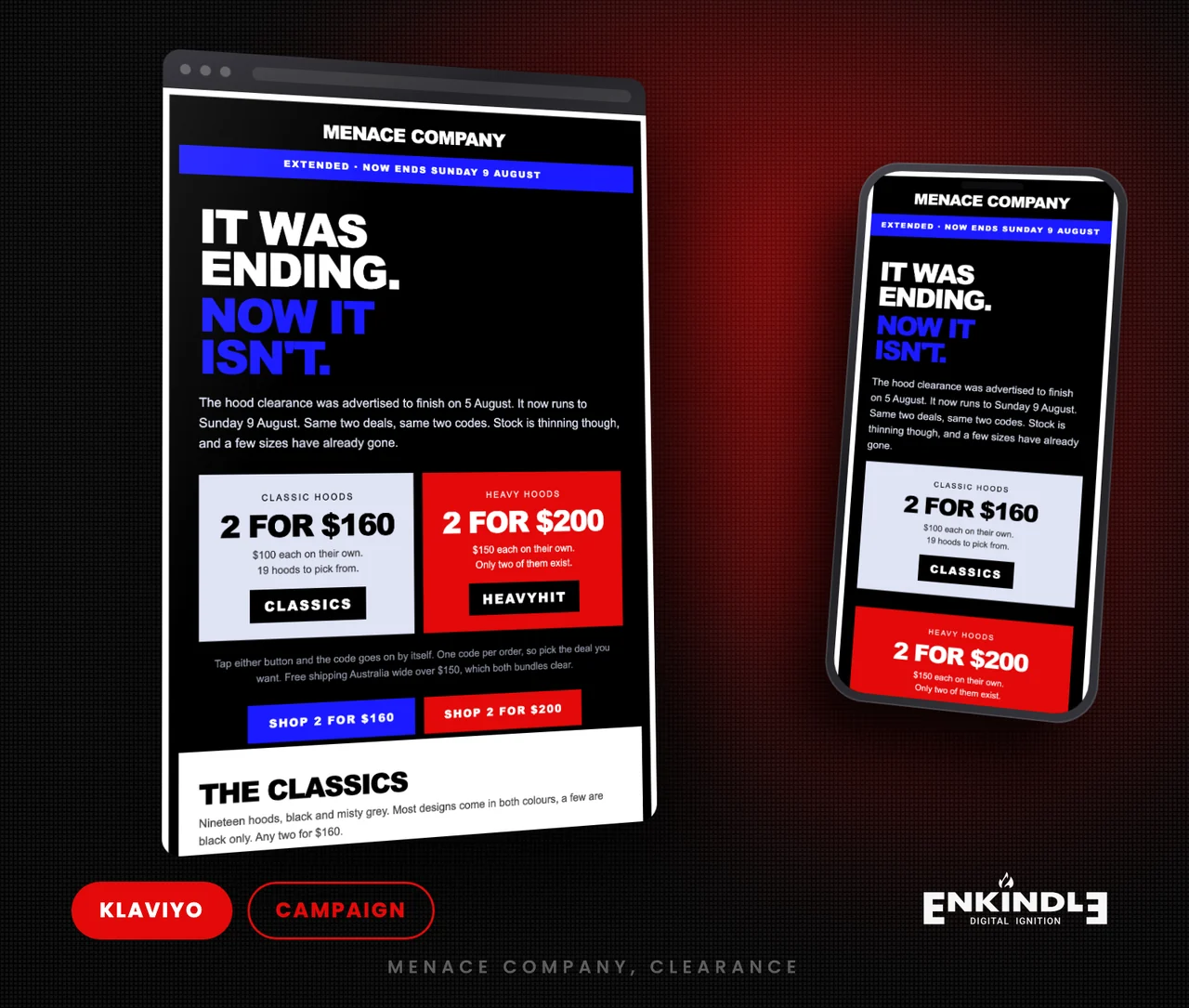 Menace Company clearance campaign email designed and built in Klaviyo by Enkindle Group