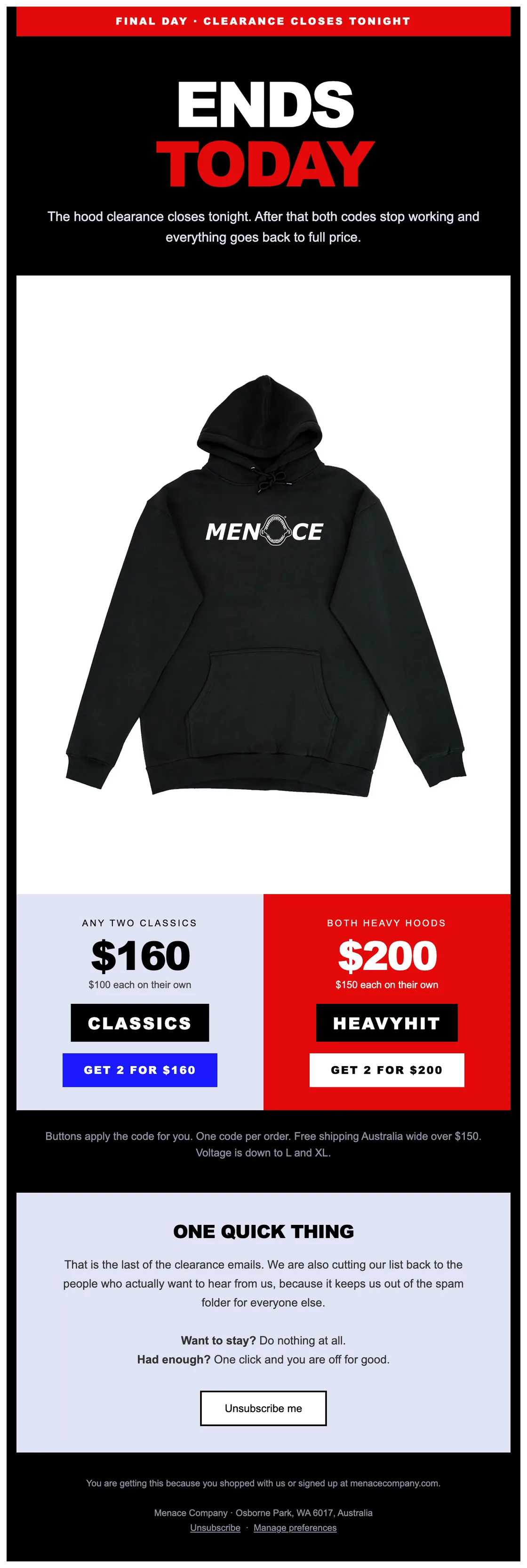 Menace Company last day campaign email designed and built in Klaviyo by Enkindle Group