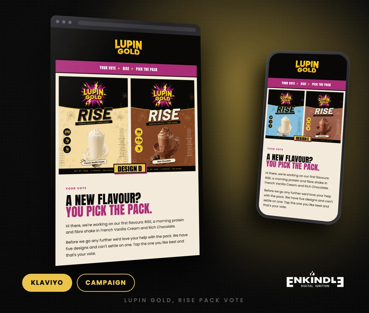 Lupin Gold RISE pack vote campaign email designed and built in Klaviyo by Enkindle Group