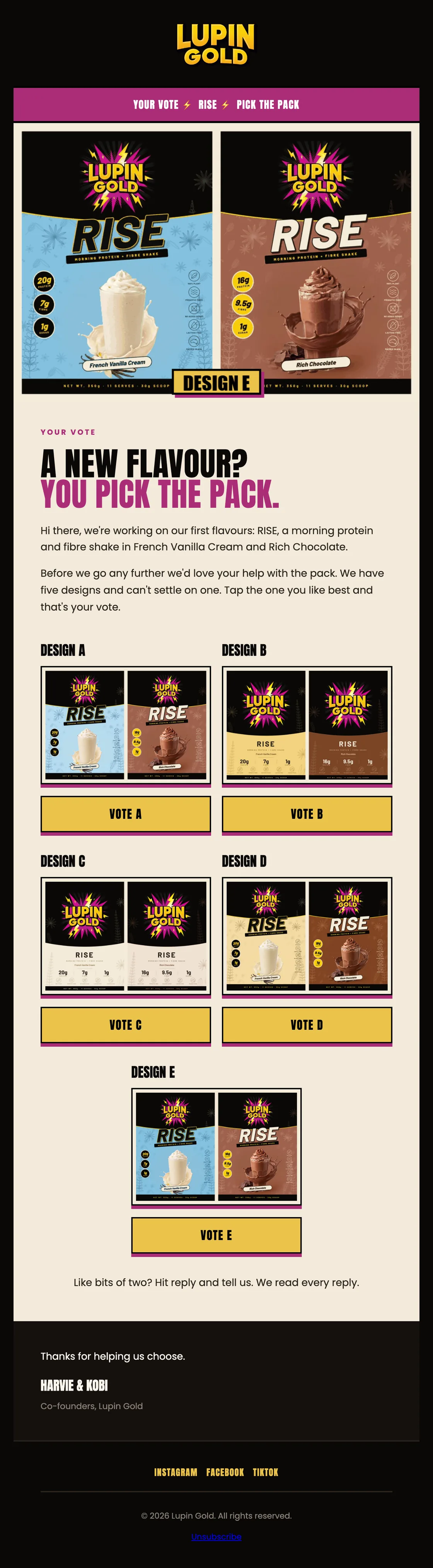 Lupin Gold RISE pack vote campaign email designed and built in Klaviyo by Enkindle Group