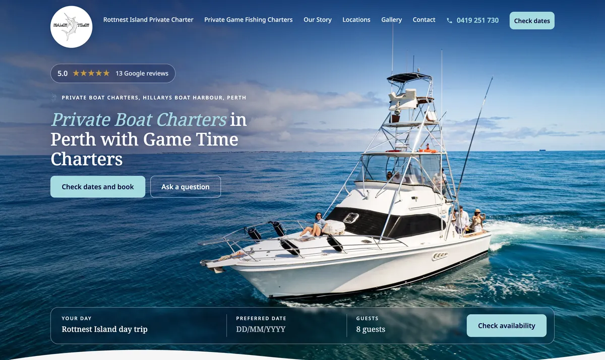 Game Time Charters website homepage, built by Enkindle Group on Webflow