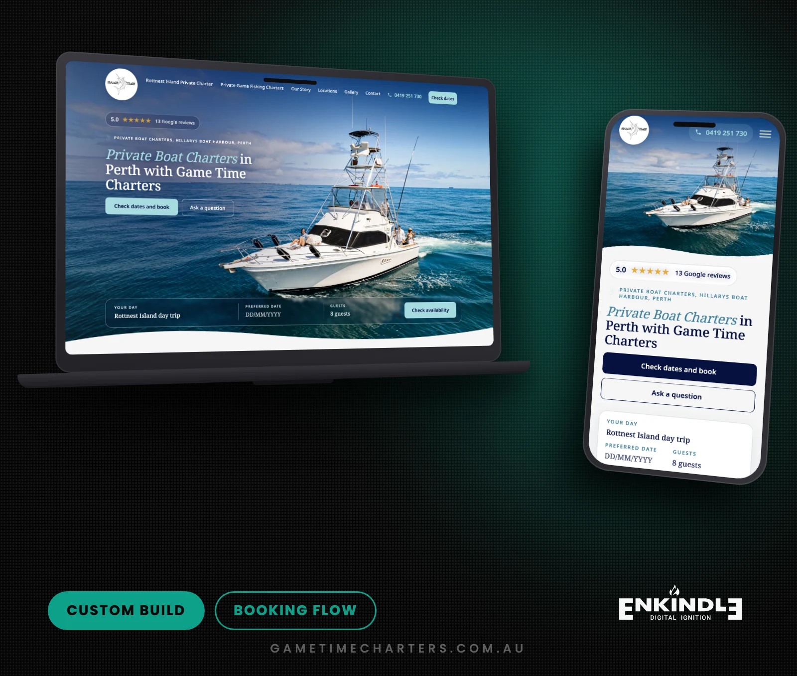 Game Time Charters website design and build by Enkindle Group, shown on desktop and mobile