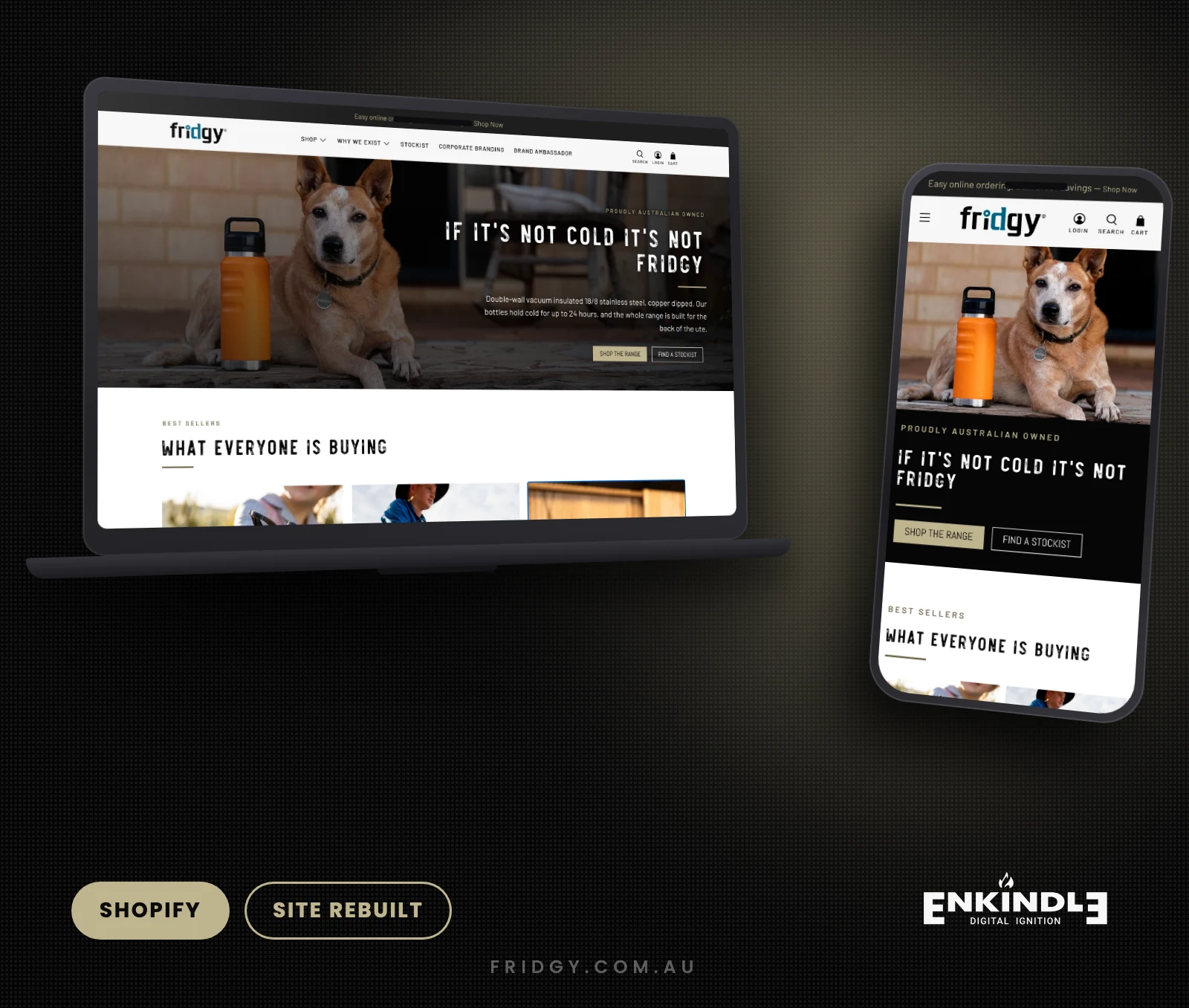 Fridgy Australia Shopify homepage rebuilt by Enkindle Group, shown on desktop and mobile