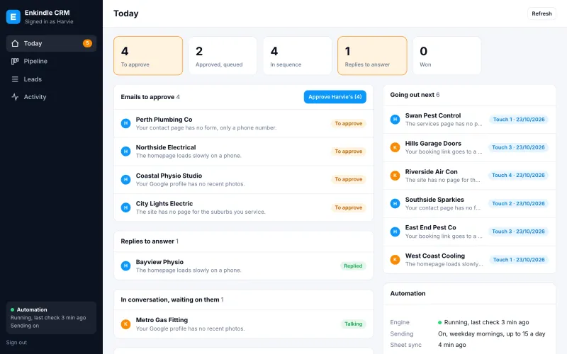 The Today screen of our CRM: emails to approve, replies to answer and emails going out next, shown with example data