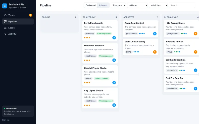 The pipeline board of our CRM with leads in columns by stage, shown with example data
