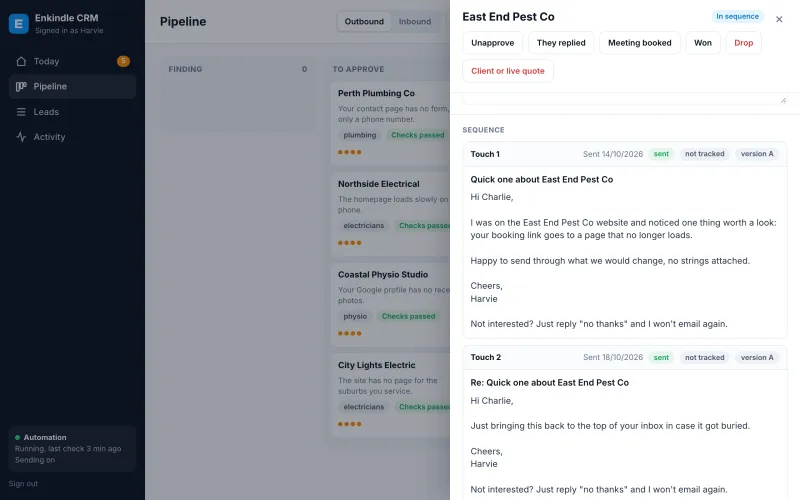 A lead record in our CRM showing the email sequence and its status, shown with example data