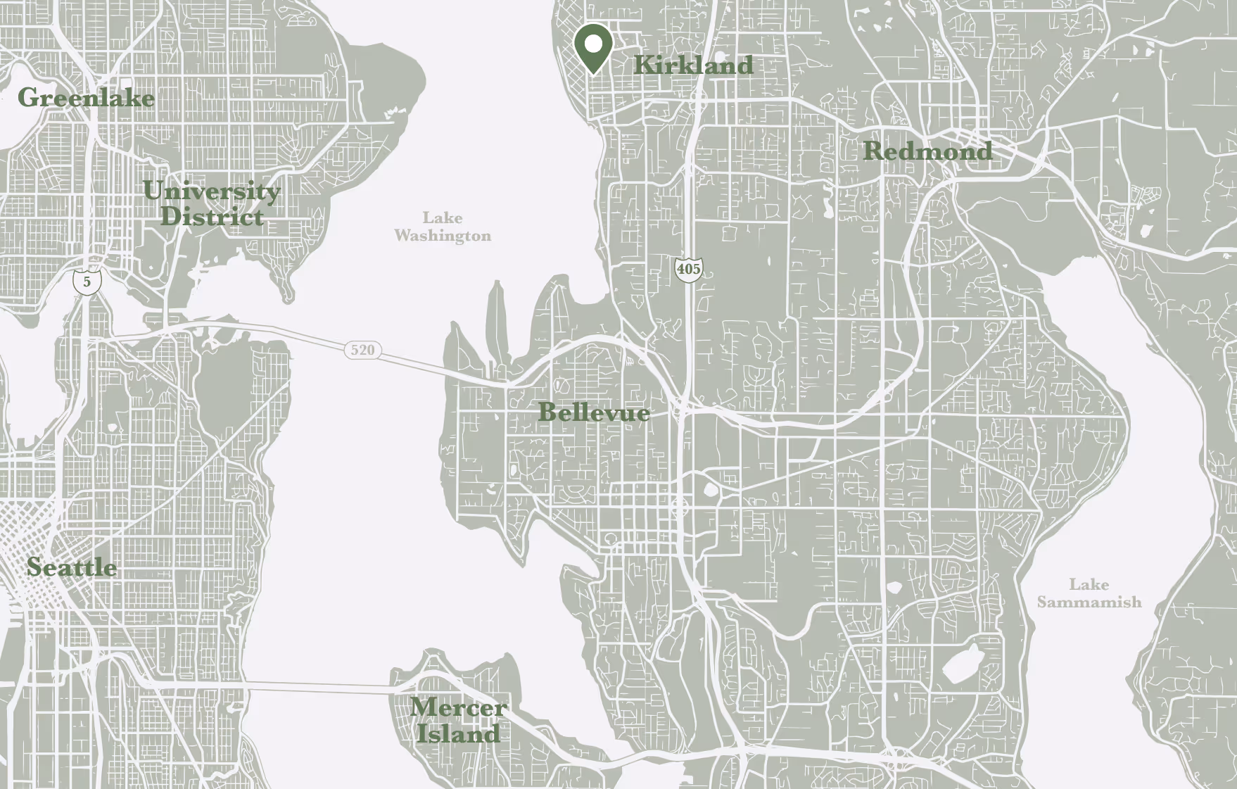 Map highlighting Kirkland near Lake Washington, showing surrounding areas including Seattle and Bellevue.