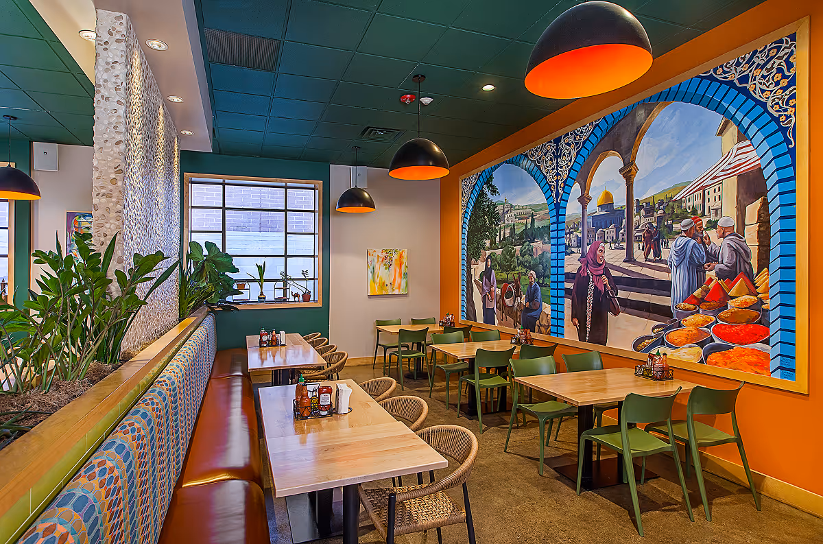 Restaurant dining room with Mediterranean wall painting