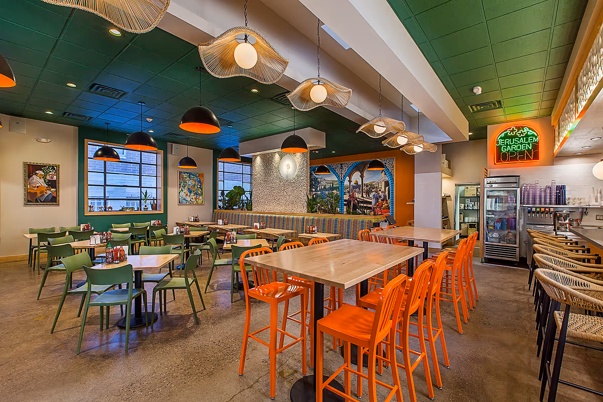 Dining area inside Jerusalem Garden restaurant