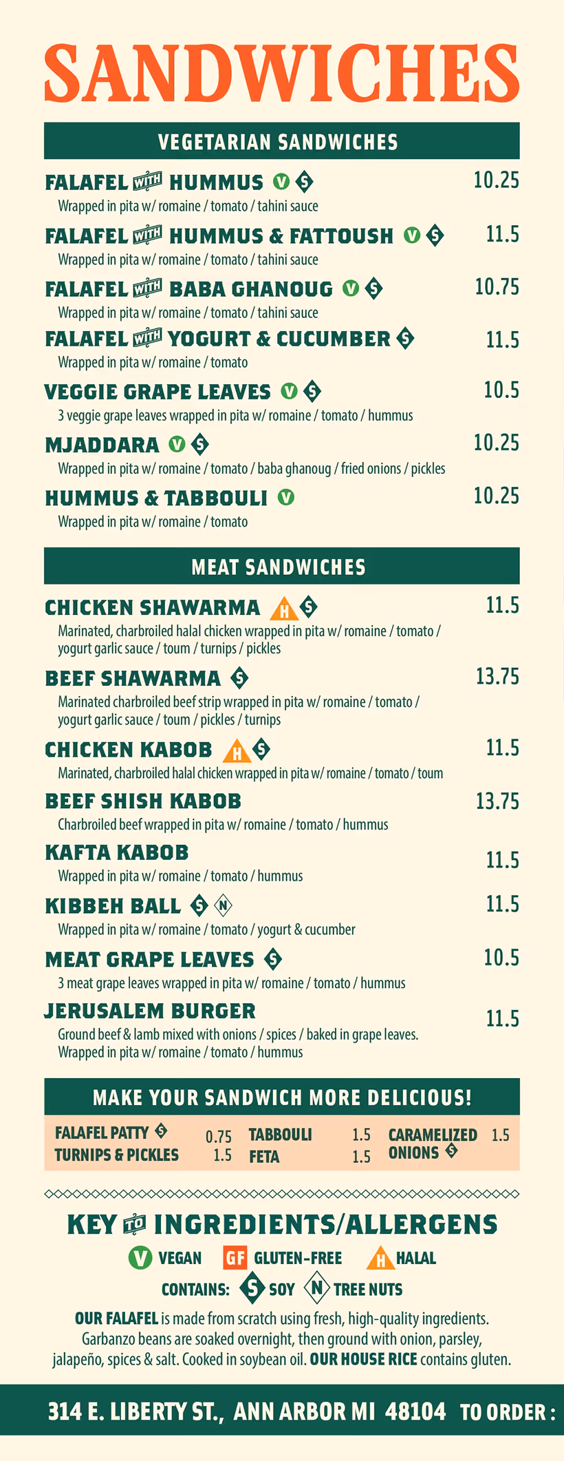 Jerusalem Garden menu page featuring sandwiches