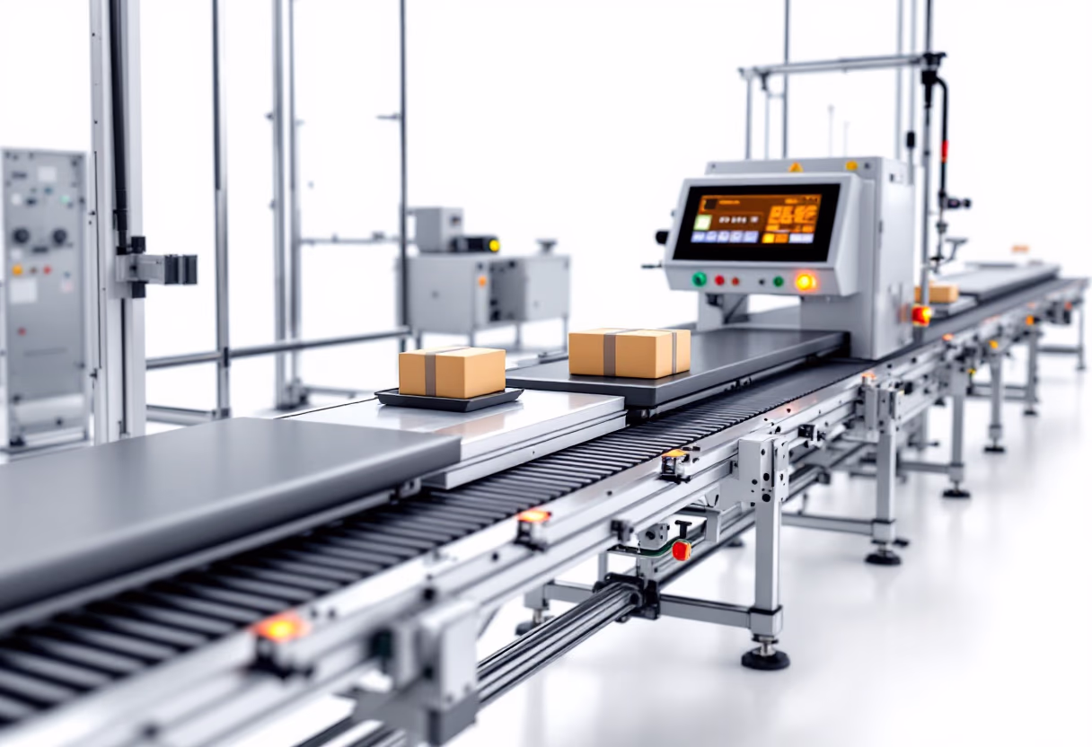 a well-lit, dynamic photo of automated conveyor system in a smart factory