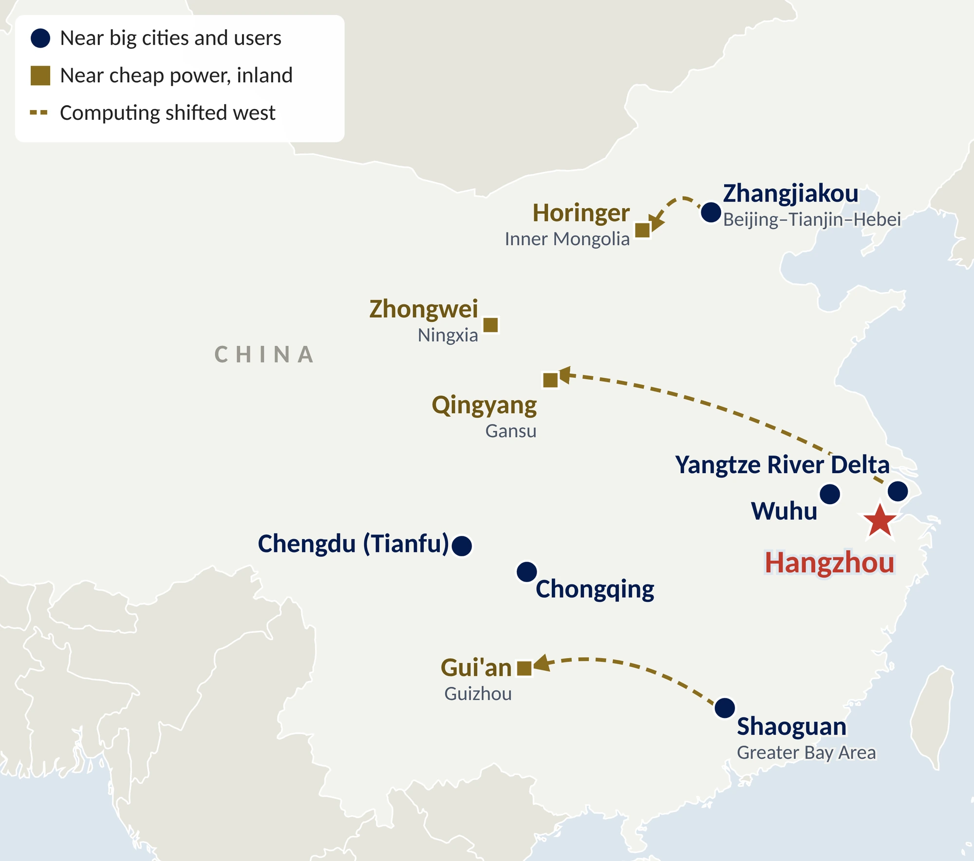 Map of China showing East Data, West Computing data-center clusters near eastern cities and inland power sources