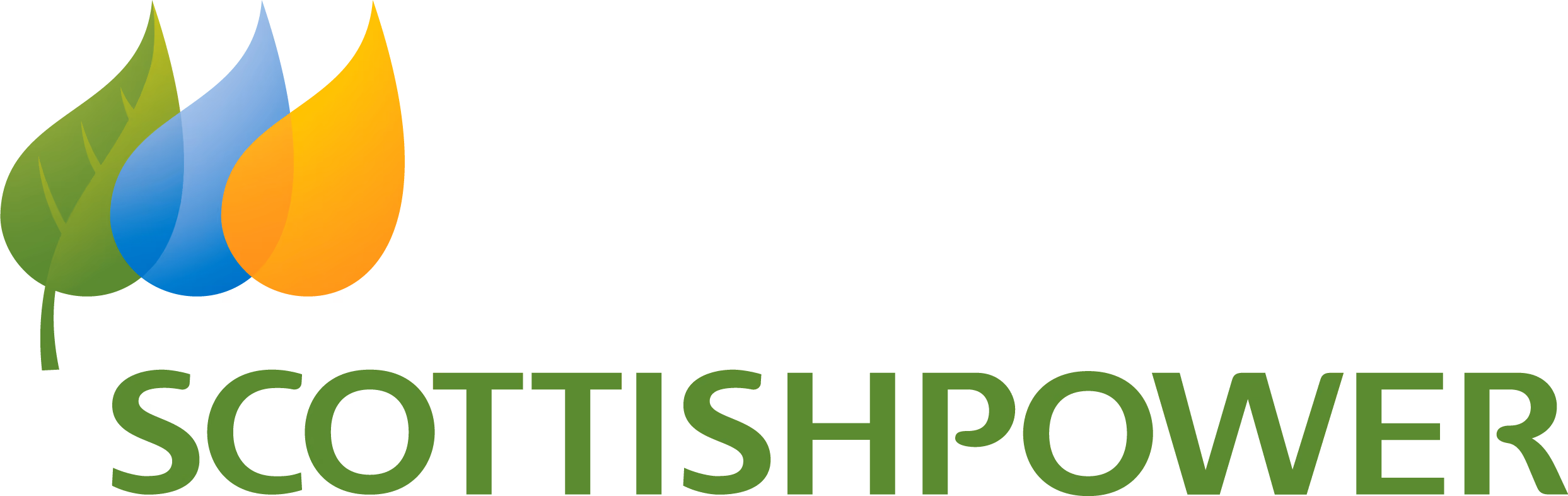 Scottish Power logo with green leaf, blue droplet, and orange flame icons above the company name.