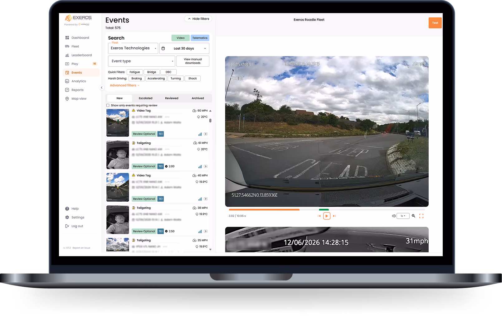 Dashboard screen showing vehicle events, video playback, and driving data from Exeros fleet management software.