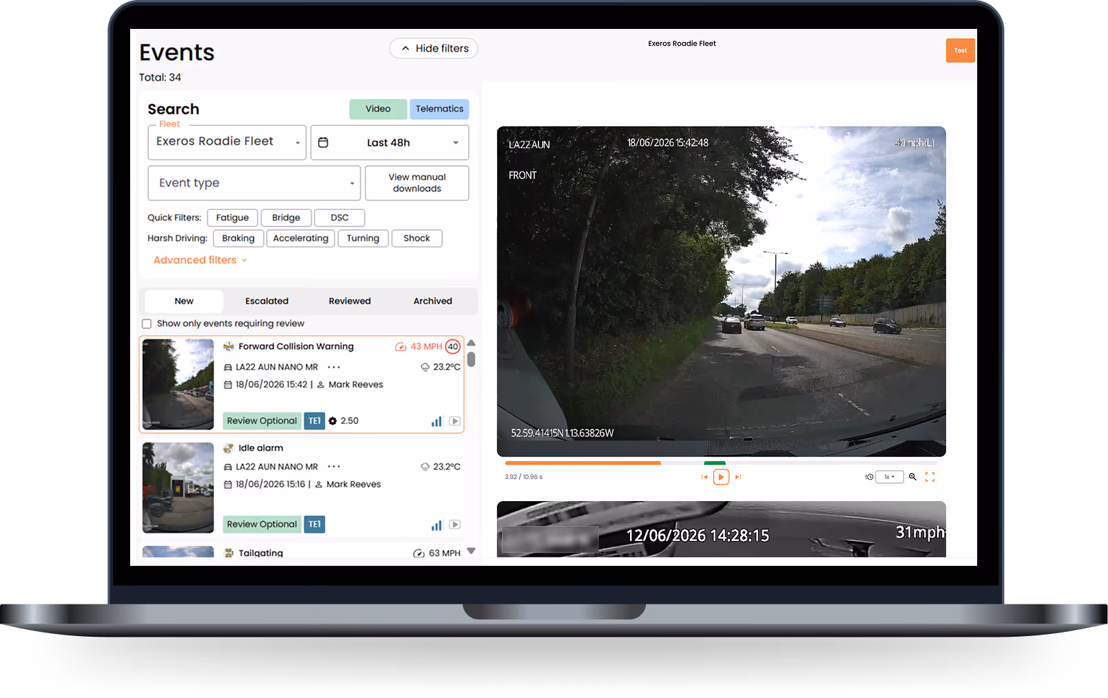Dashboard screen showing vehicle event list and video footage of a road with cars and trees.