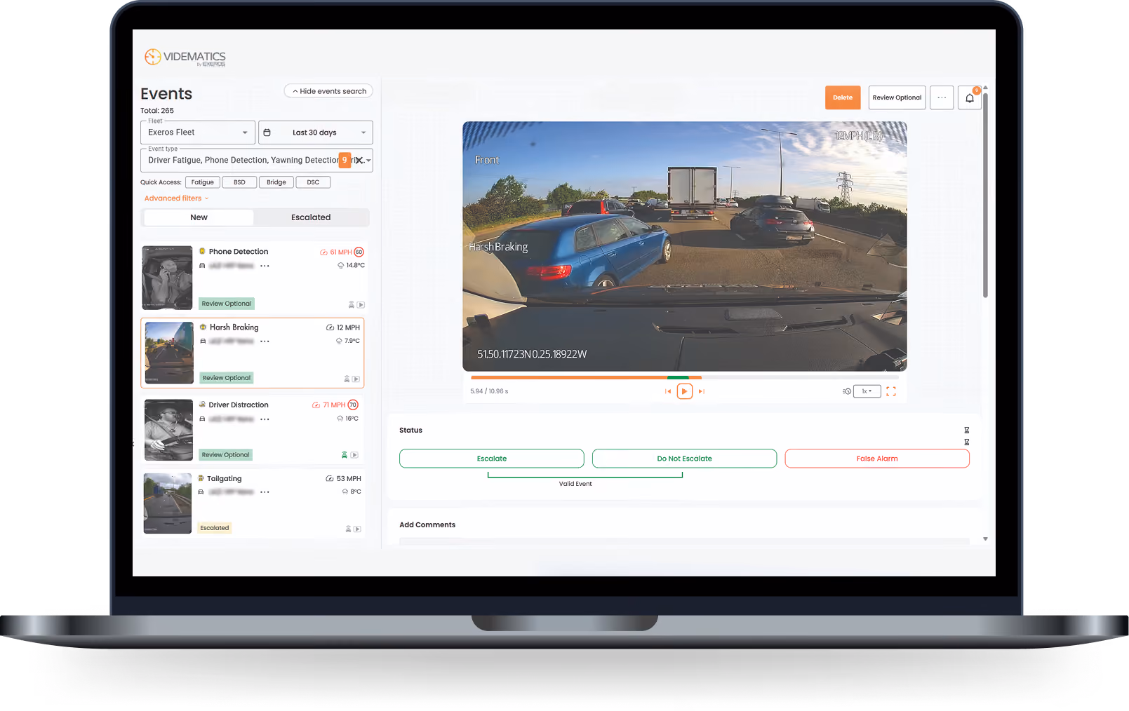 Laptop screen showing traffic event dashboard with dashcam footage of harsh braking on a busy road.