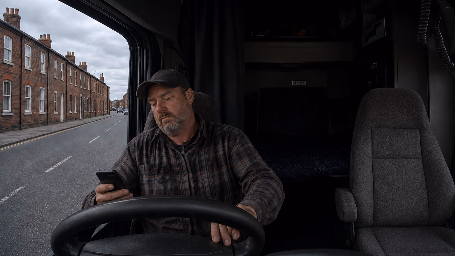 Man wearing a cap looking at his phone while sitting in a truck driver's seat on a street with brick houses.