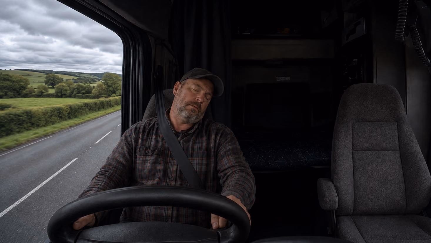 Man in a cap wearing a seatbelt is asleep behind the wheel of a truck on a country road.