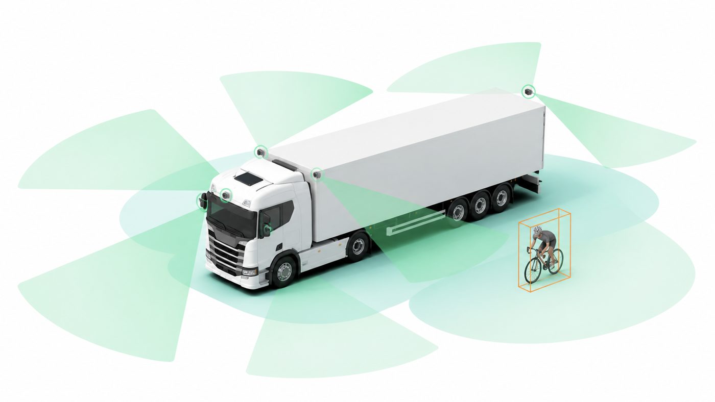 Illustration of 360 degree camera coverage around an HGV detecting a cyclist